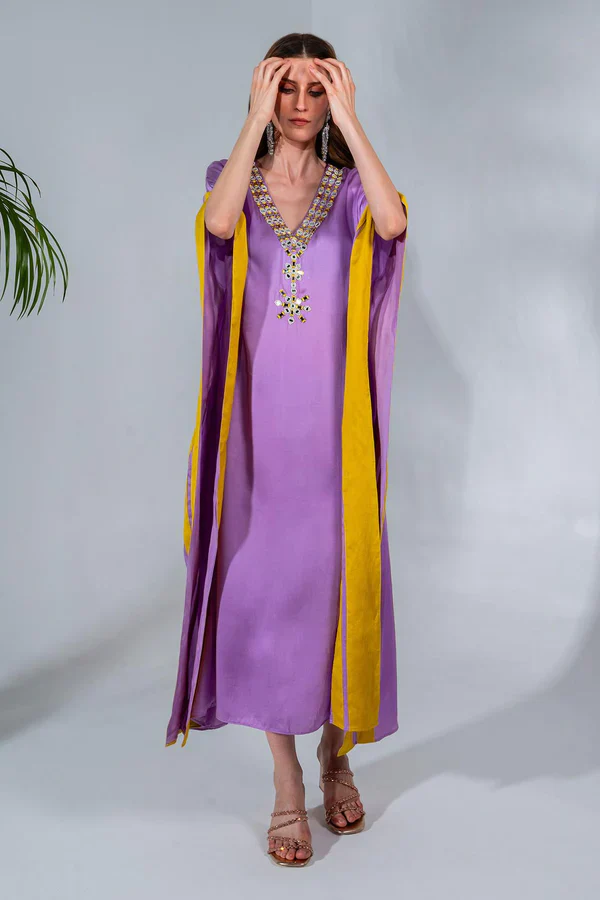 Purple Modal Satin Mirror Embellished Kaftan - Image 3