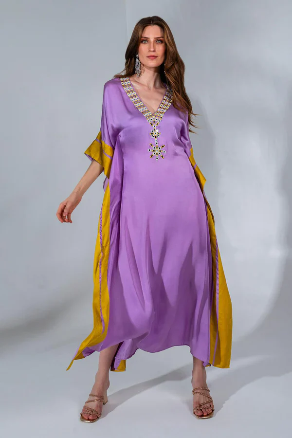 Purple Modal Satin Mirror Embellished Kaftan - Image 5