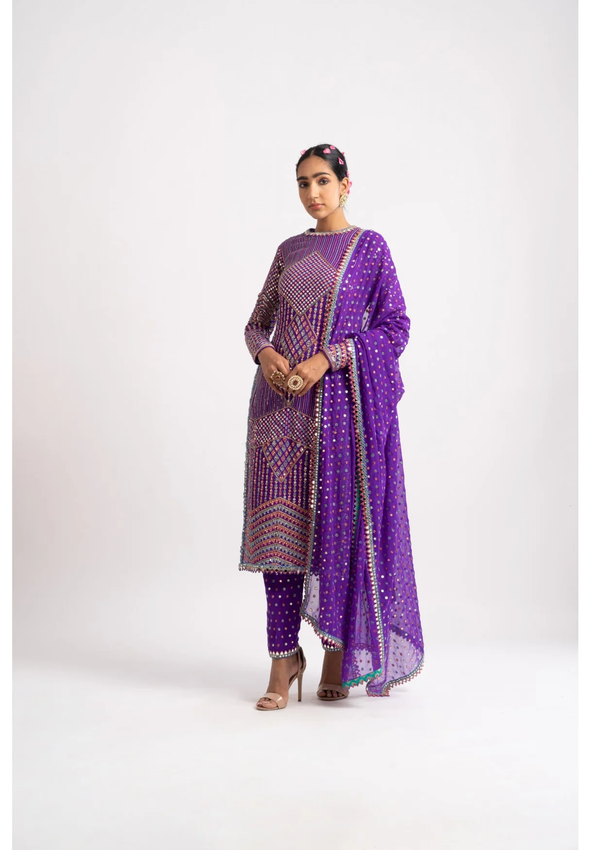 Purple Multi Embroidery Round Neck Kurta Set - Image 3