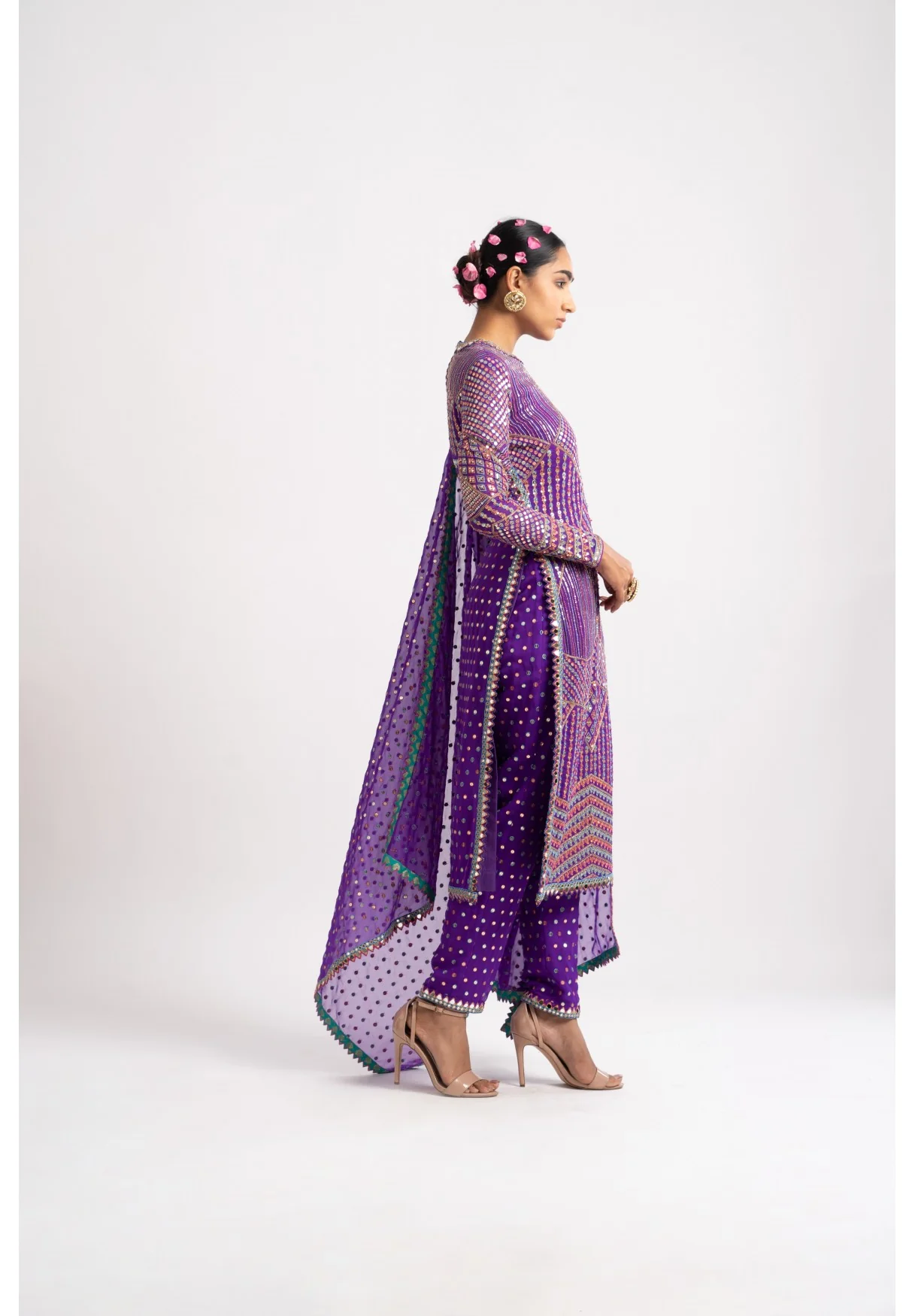 Purple Multi Embroidery Round Neck Kurta Set - Image 4