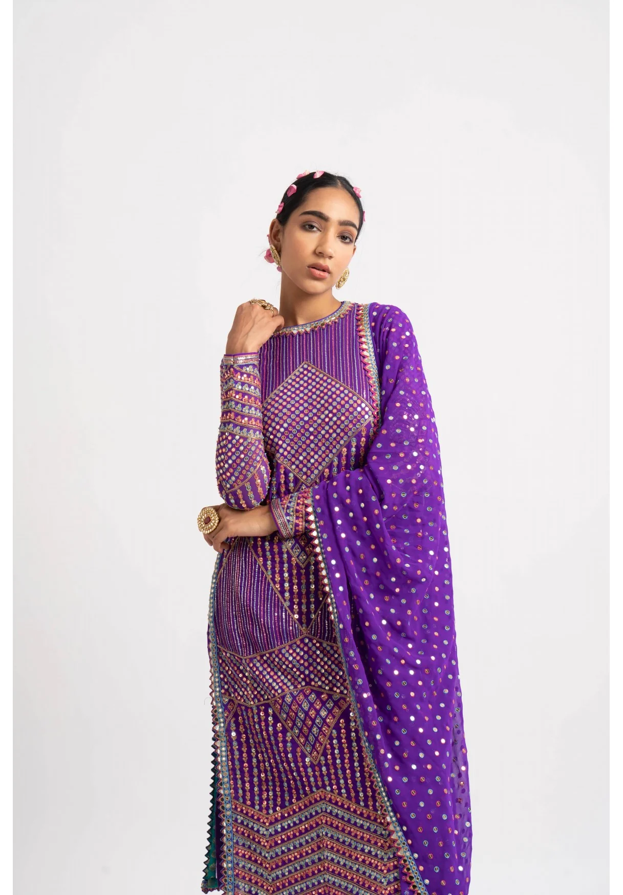 Purple Multi Embroidery Round Neck Kurta Set - Image 5