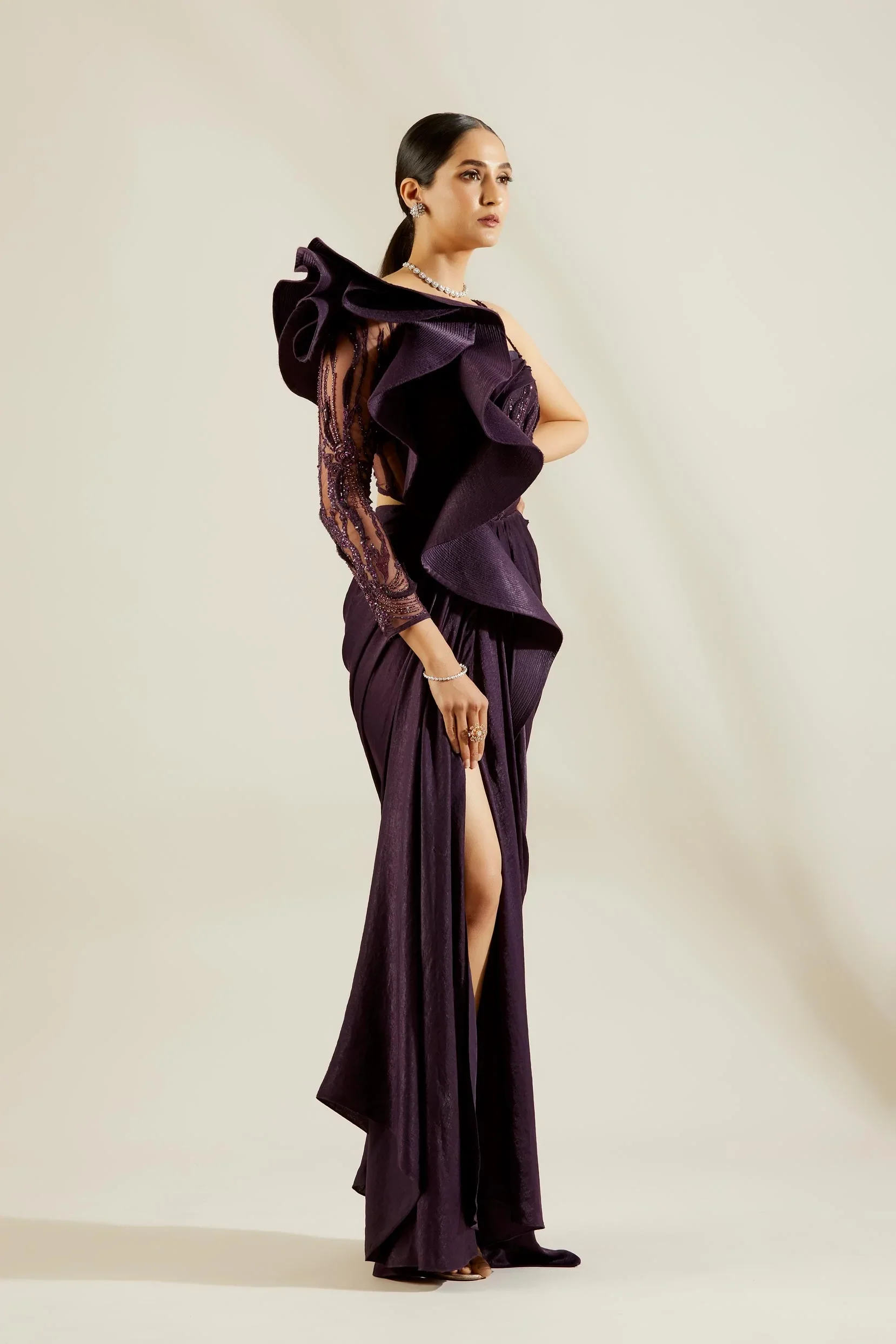 Purple One Off Shoulder Saree Gown - Image 3