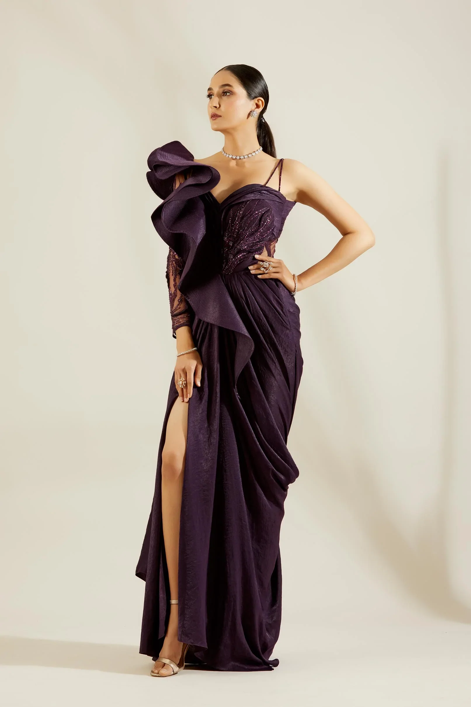 Purple One Off Shoulder Saree Gown - Image 4