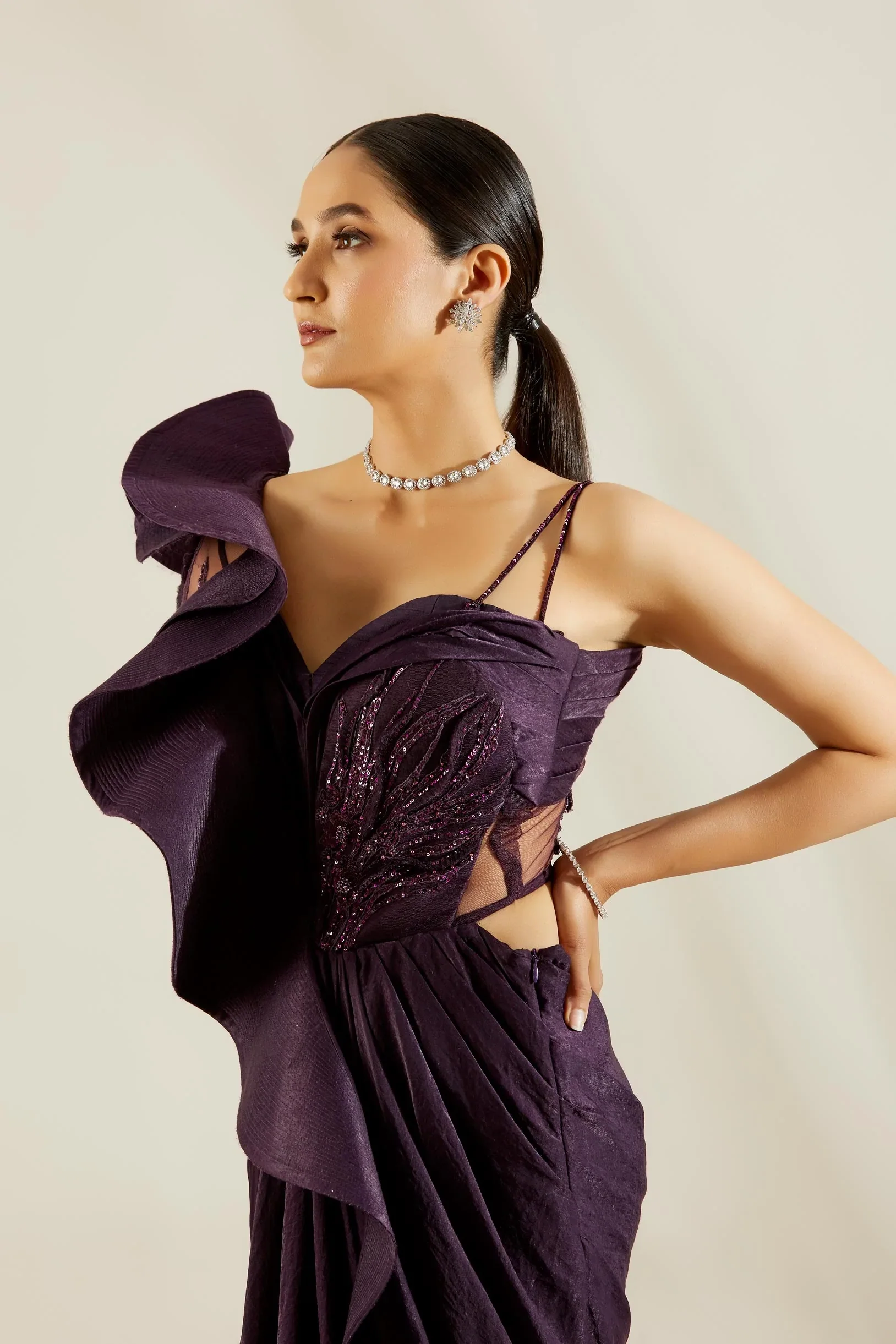 Purple One Off Shoulder Saree Gown - Image 5