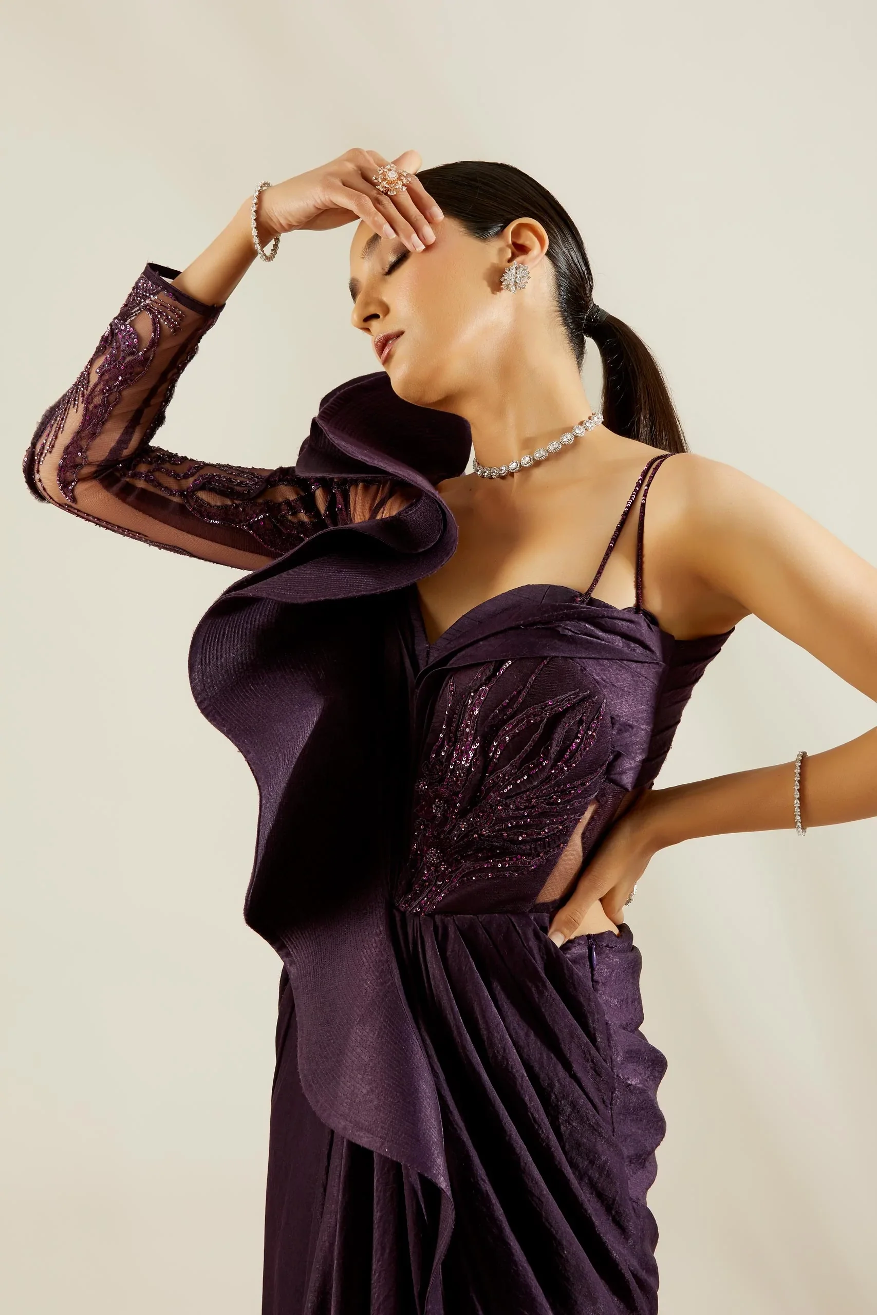 Purple One Off Shoulder Saree Gown - Image 6