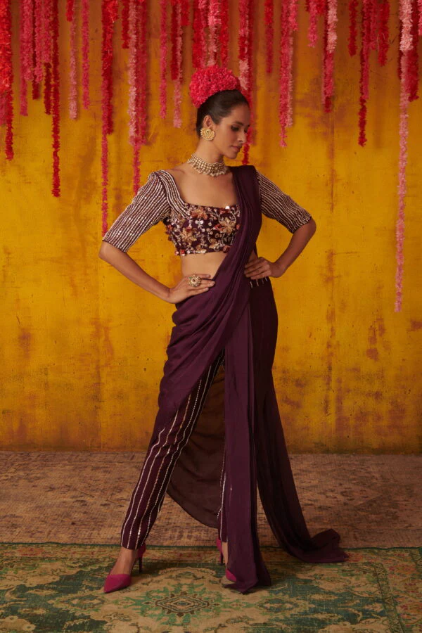 Purple Pant Saree Set - Image 2