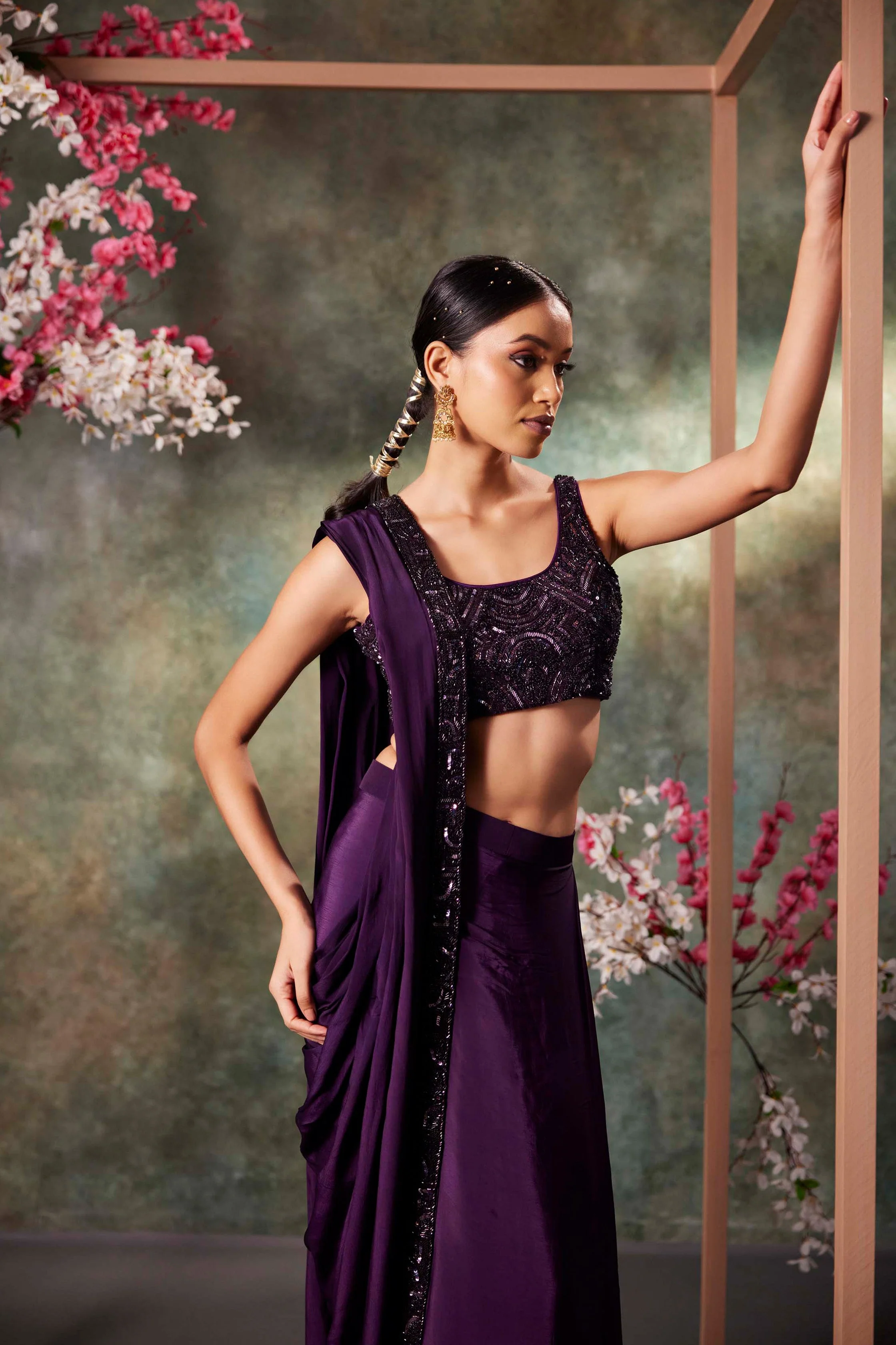 Purple Pre Draped Saree Set - Image 2