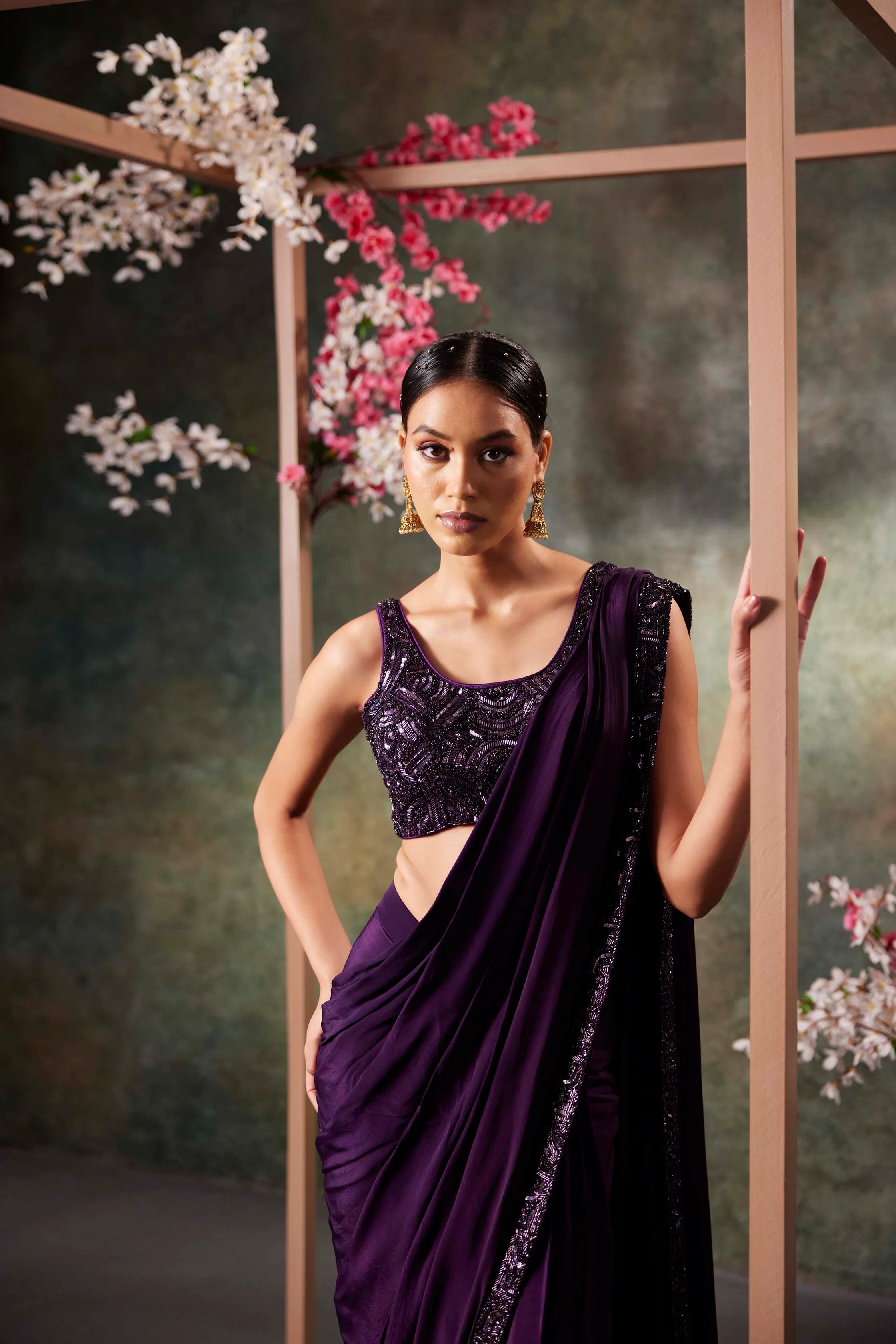 Purple Pre Draped Saree Set - Image 2
