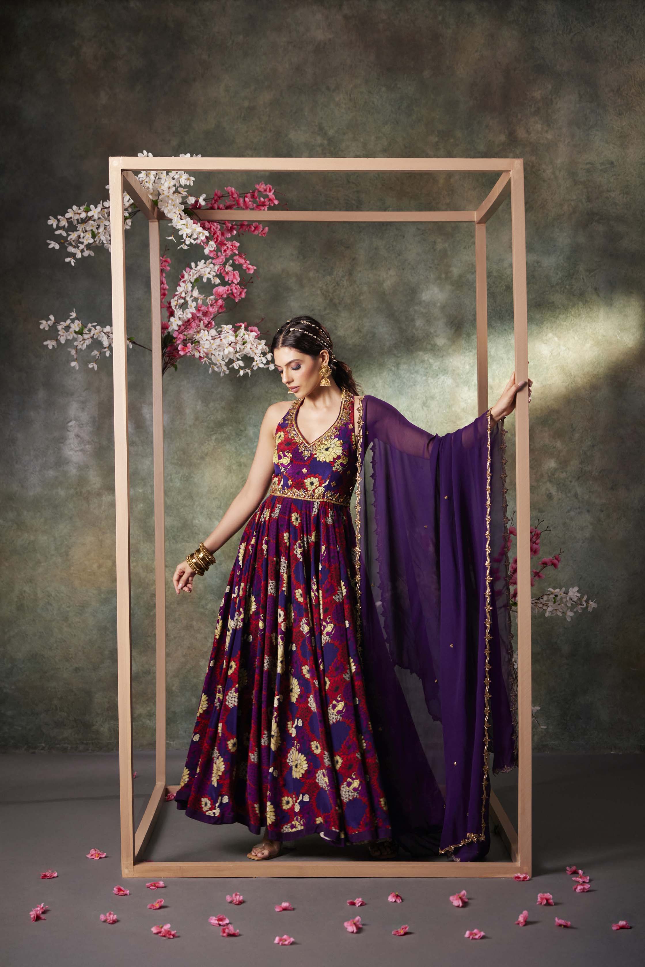 Purple Printed Anarkali And Dupatta Set With Embroidery
