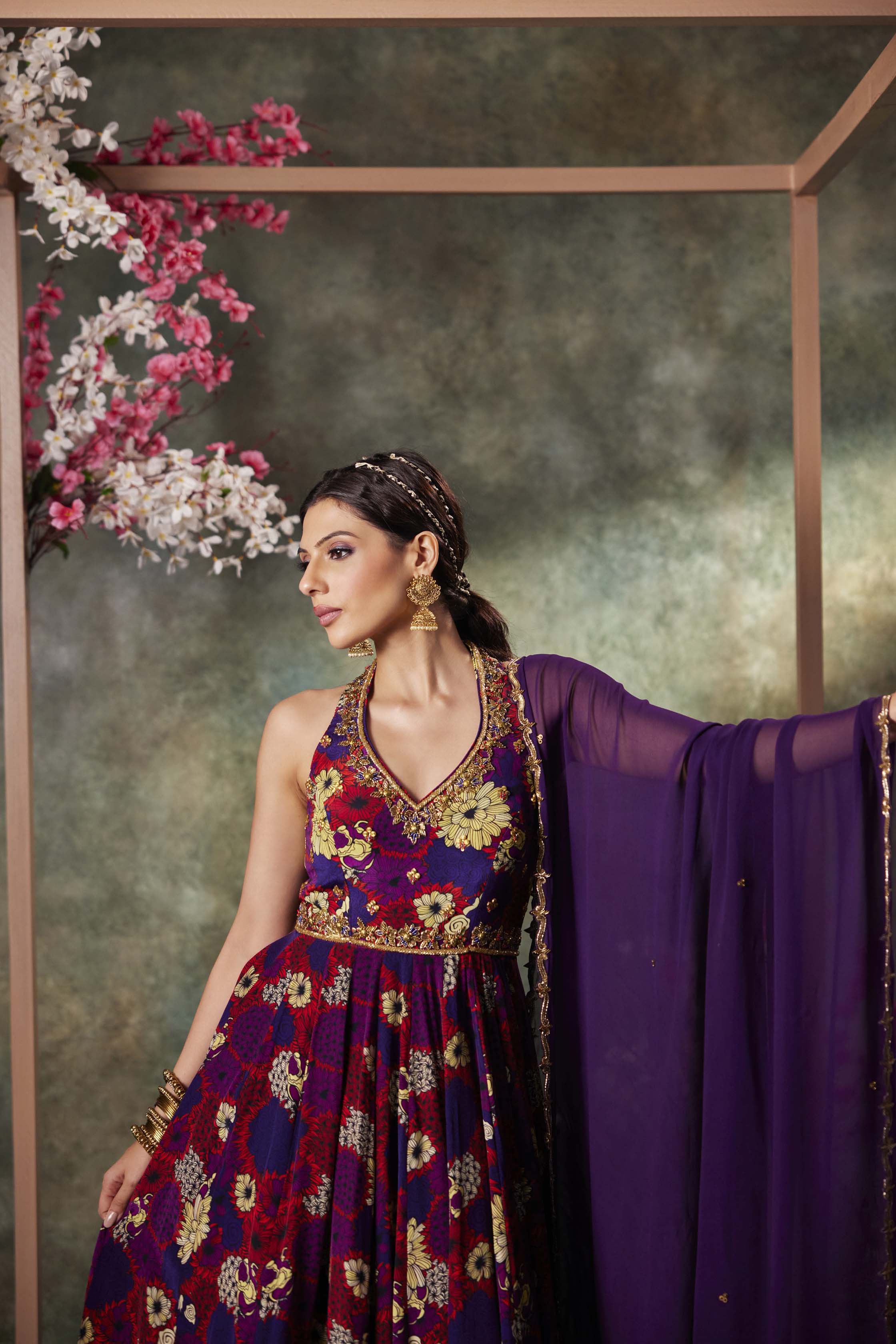 Purple Printed Anarkali And Dupatta Set With Embroidery - Image 2
