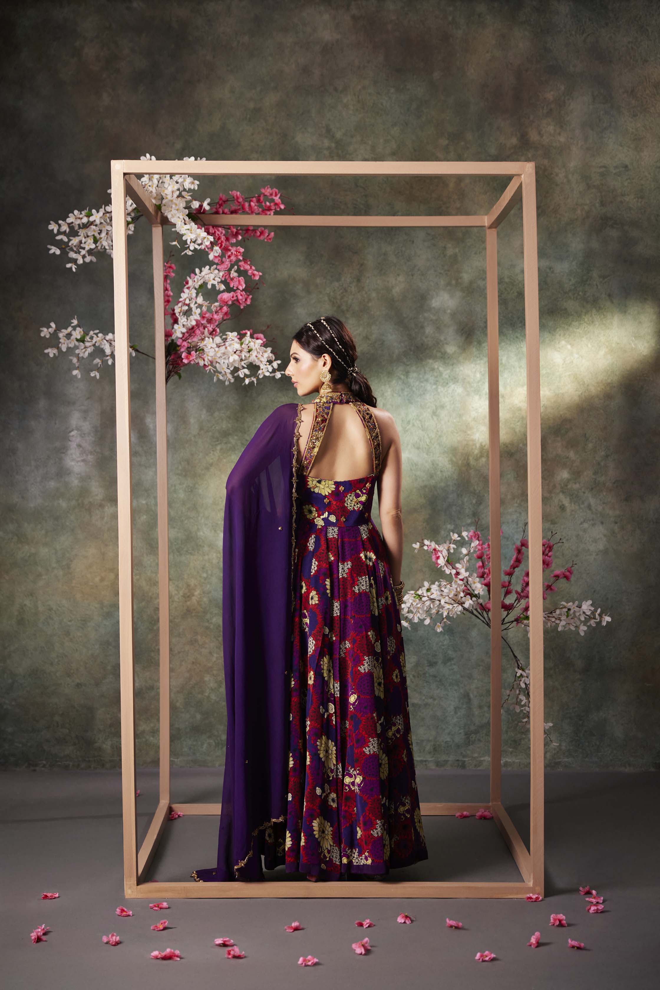 Purple Printed Anarkali And Dupatta Set With Embroidery - Image 3