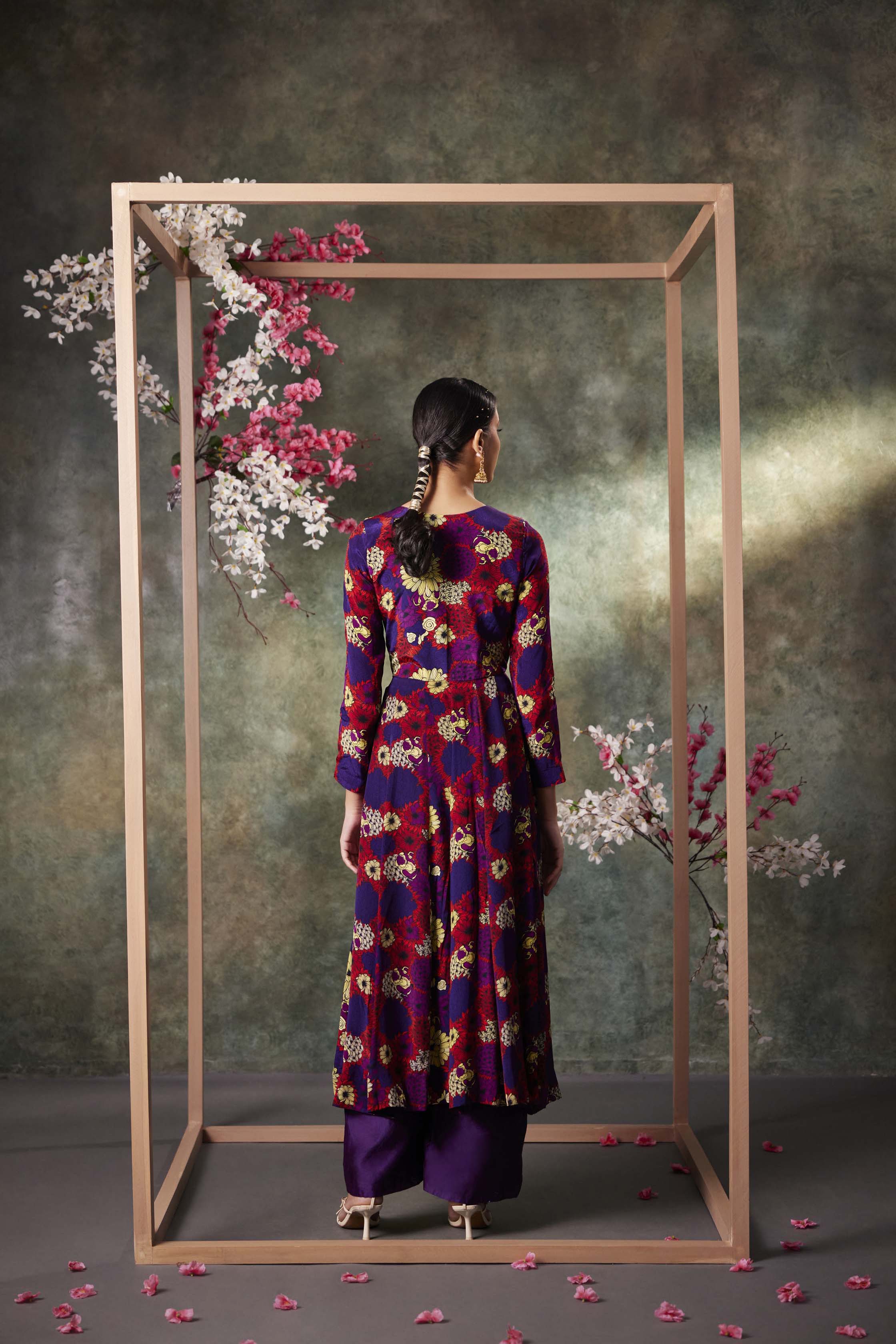 Purple Printed Anarkali And Pants Set With Embroidery - Image 3