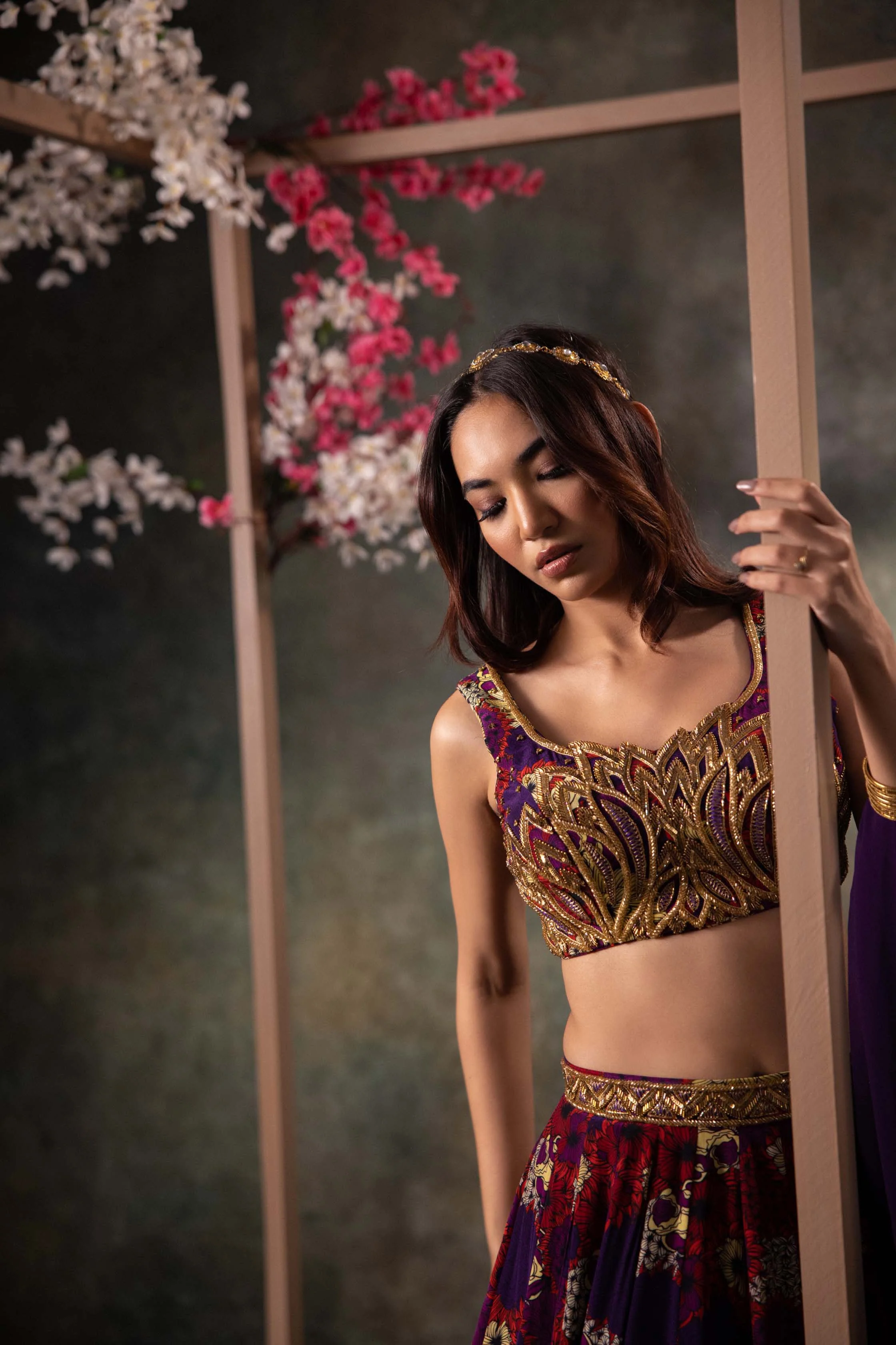 Purple Printed Choli, Lehenga And Dupatta Set With Embroidery - Image 2
