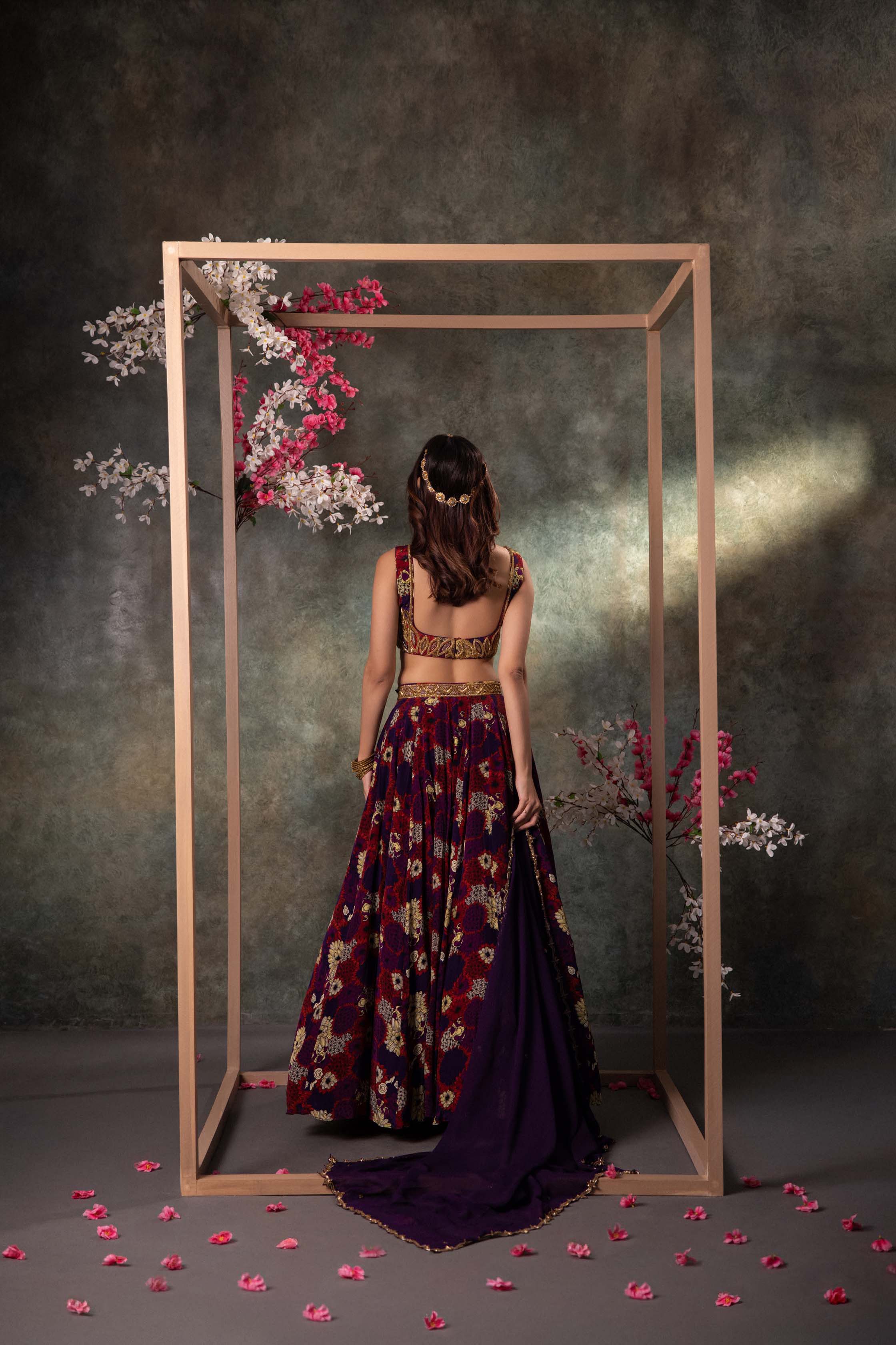 Purple Printed Choli, Lehenga And Dupatta Set With Embroidery - Image 3