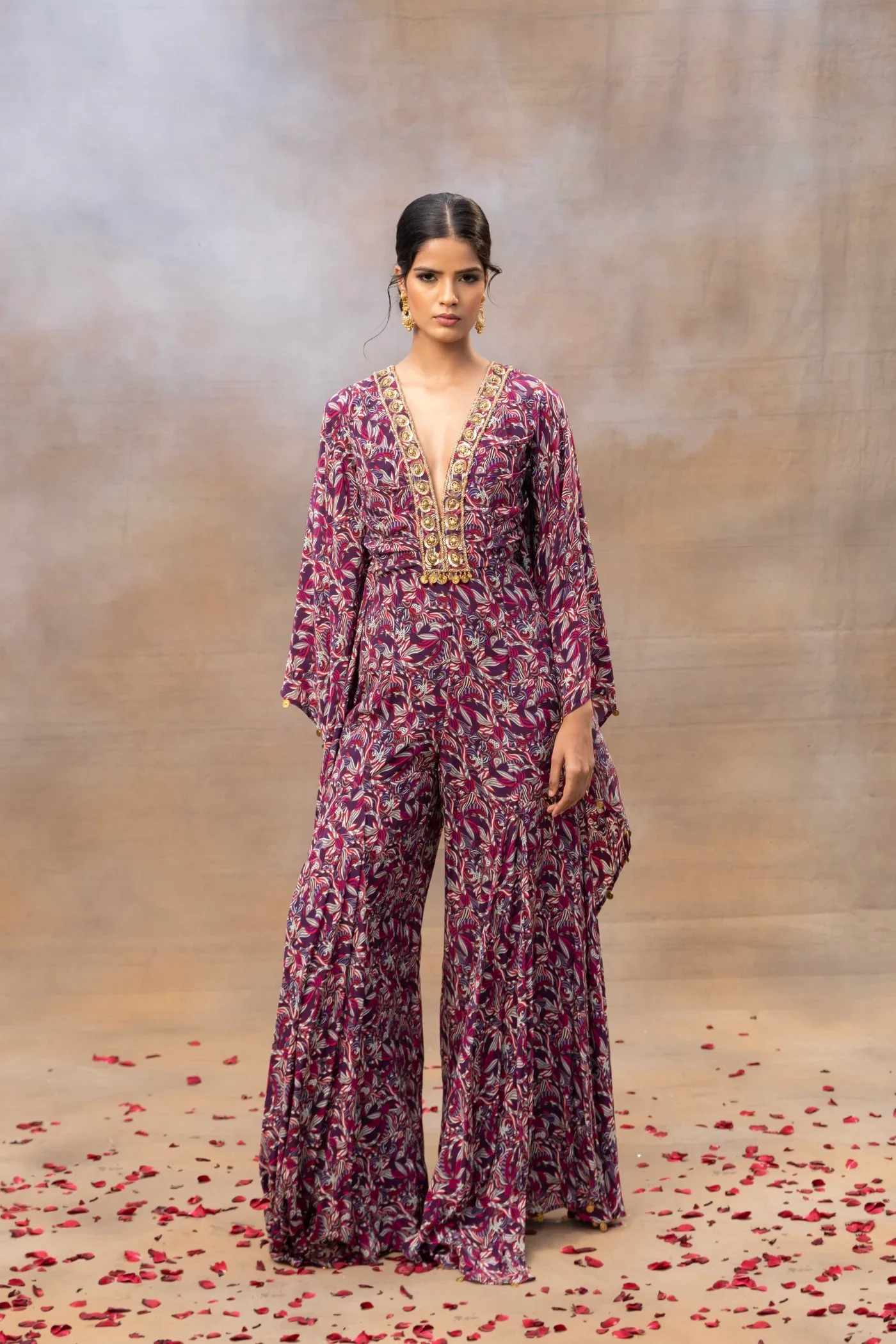 Purple Printed Embroidered Kaftan Jumpsuit