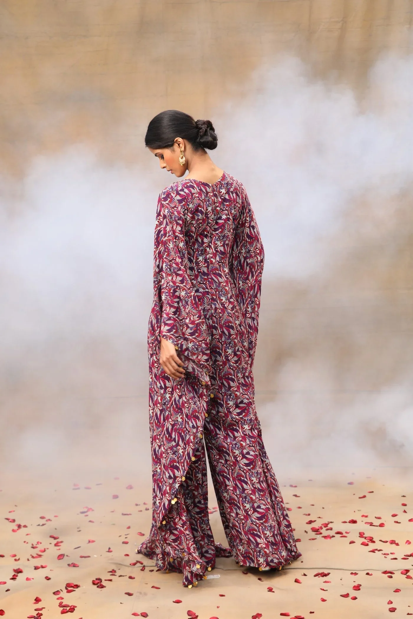 Purple Printed Embroidered Kaftan Jumpsuit - Image 4