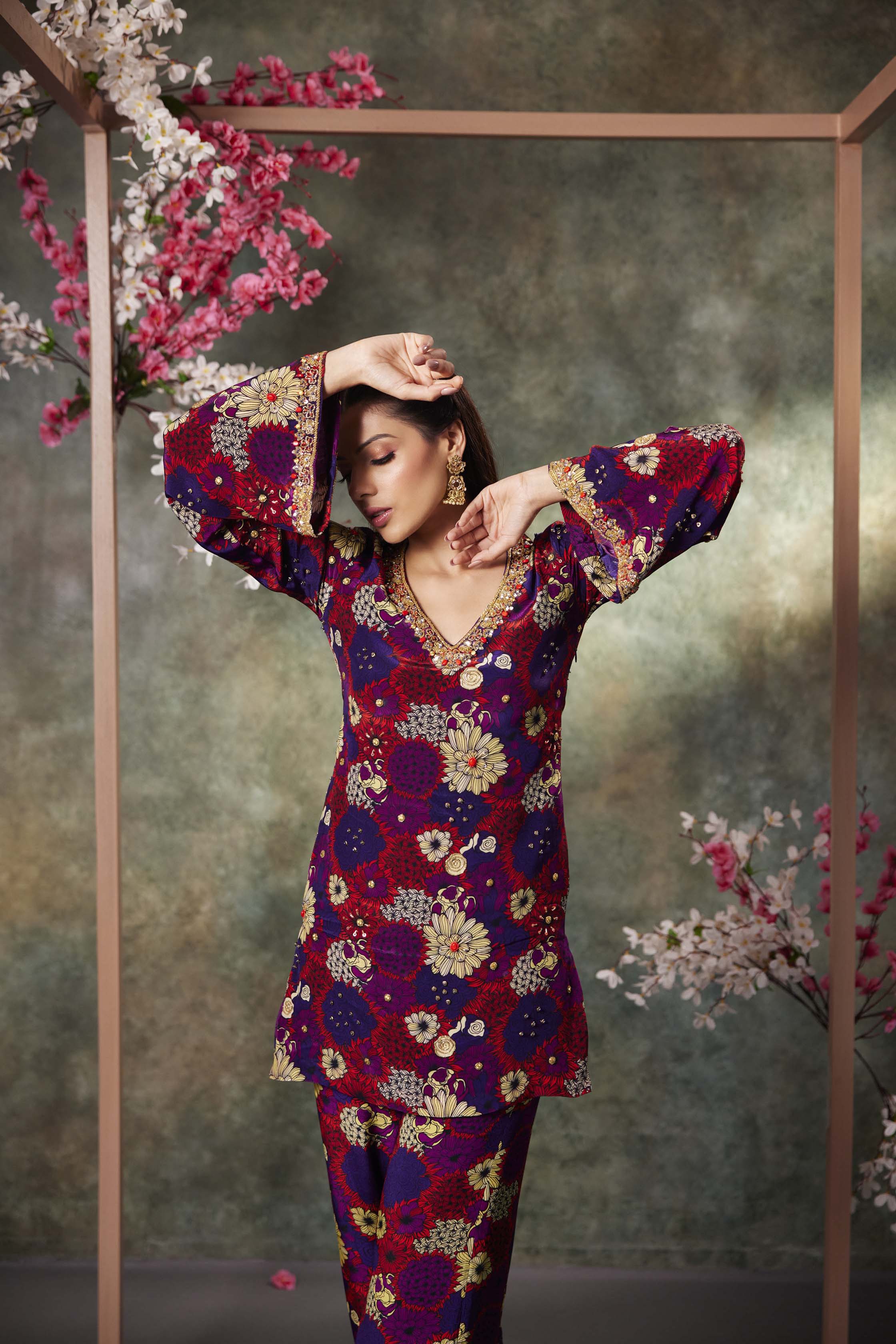 Purple Printed Kurta, Pants And Dupatta Set With Embroidery - Image 2