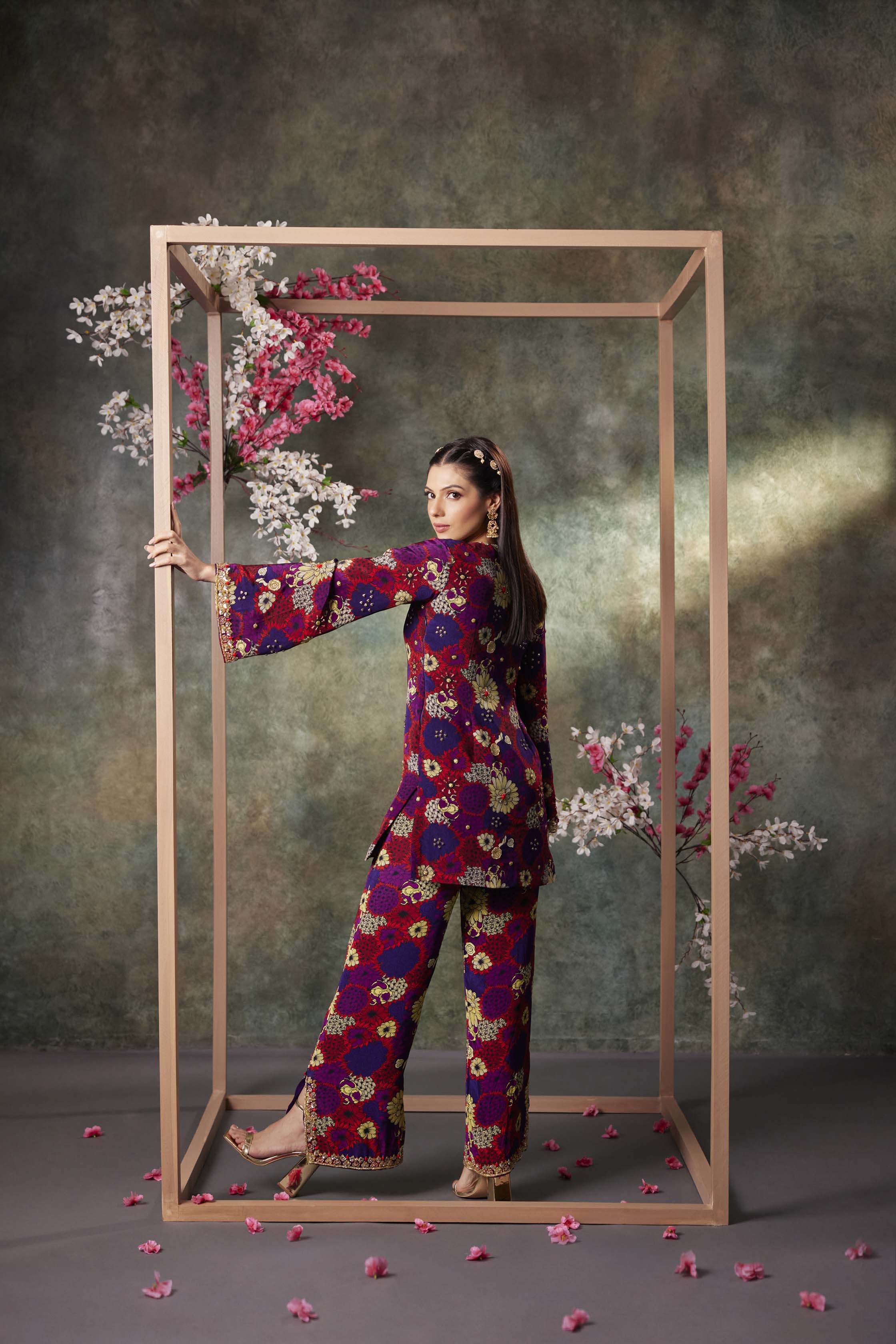 Purple Printed Kurta, Pants And Dupatta Set With Embroidery - Image 3