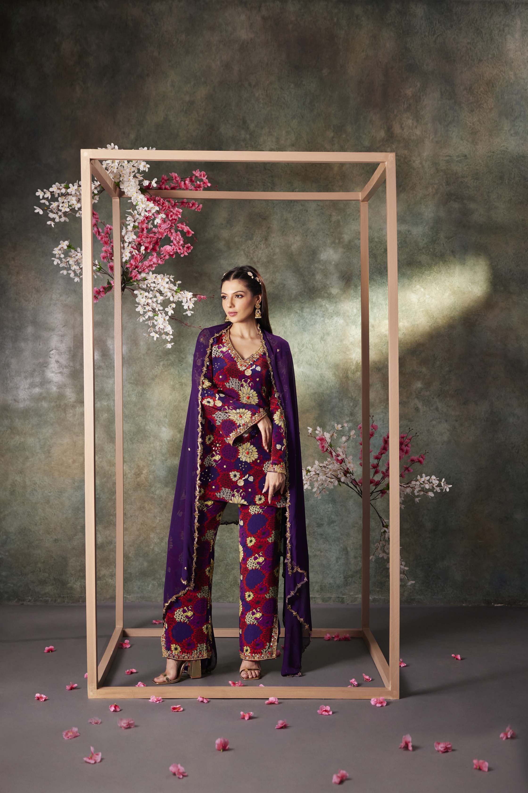 Purple Printed Kurta, Pants And Dupatta Set With Embroidery - Image 4