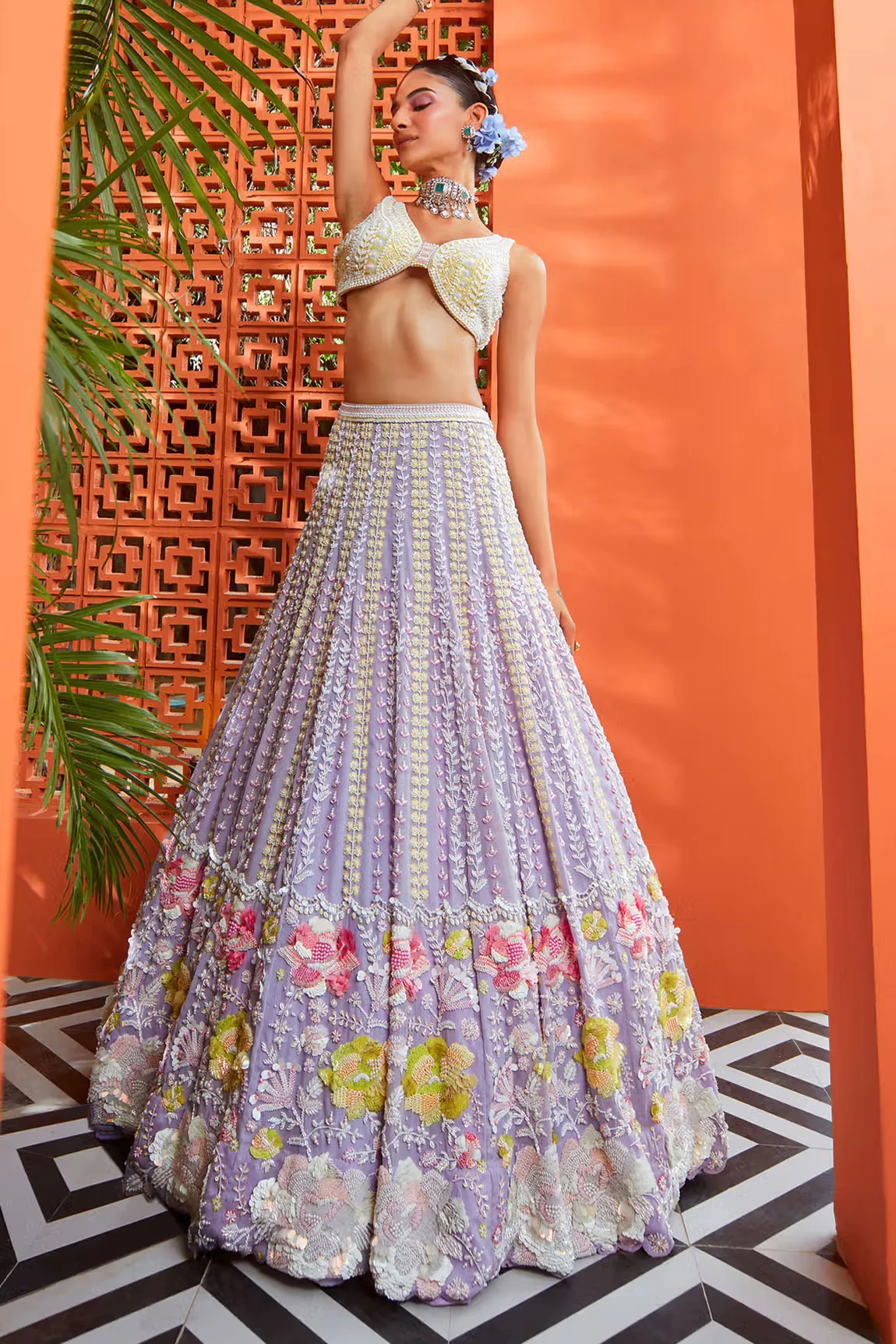 Purple Raw Silk Daisy Floral Embroidered Lehenga Set