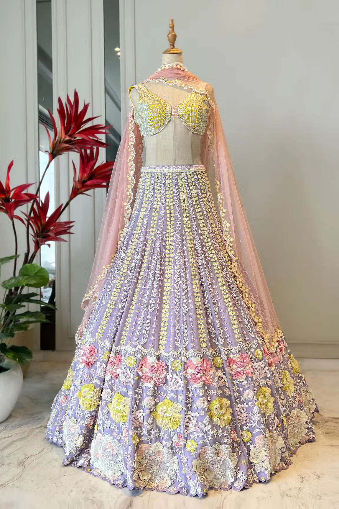 Purple Raw Silk Daisy Floral Embroidered Lehenga Set - Image 3