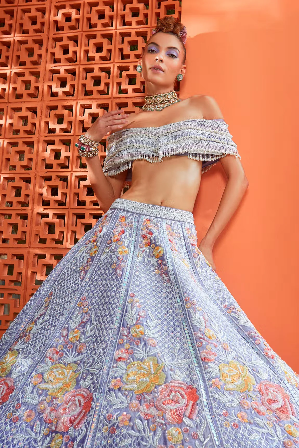 Purple Raw Silk Magnolia Embroidered Lehenga With Blouse