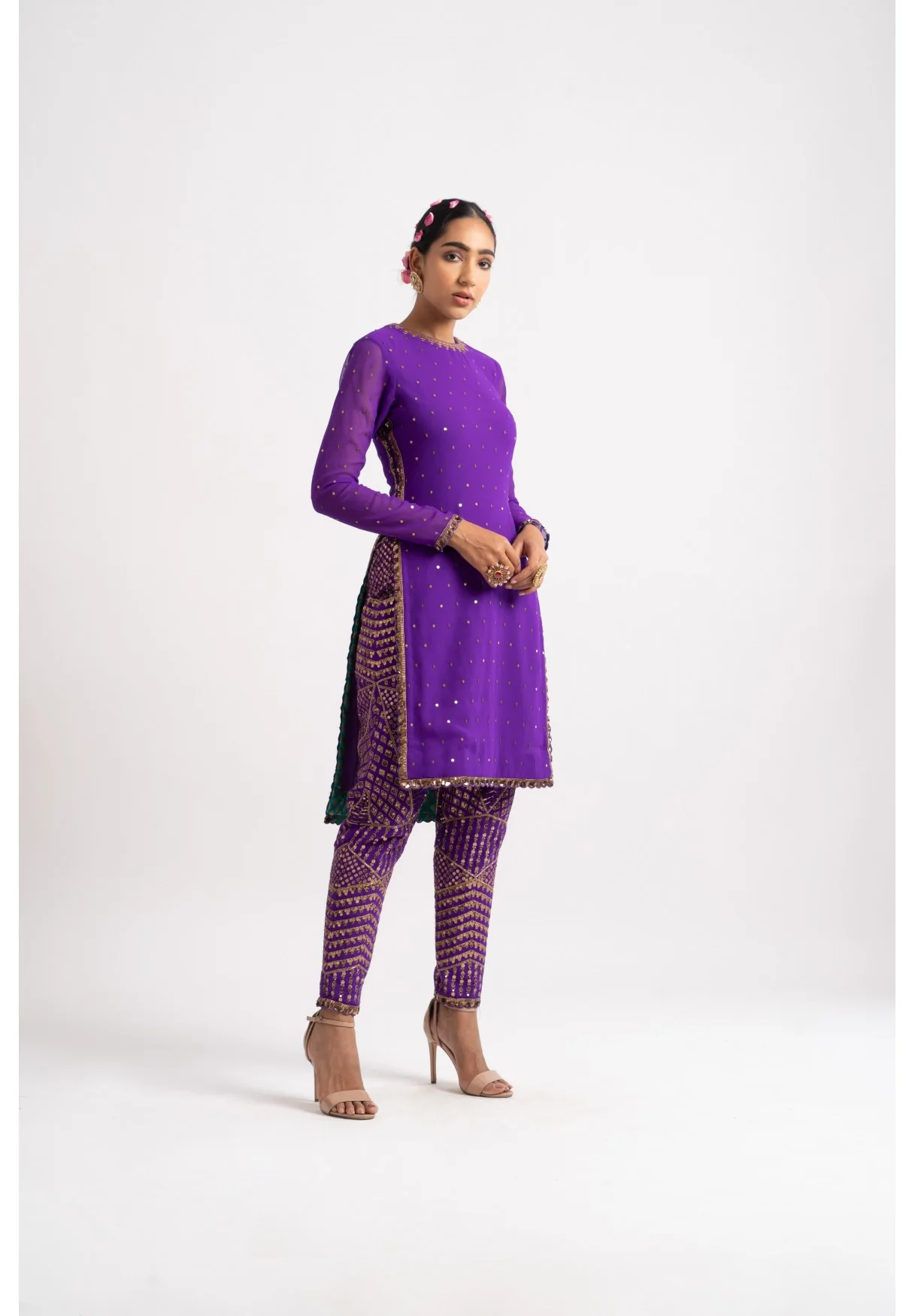 Purple Round Neck Multi Geo Pant Kurta Set - Image 3