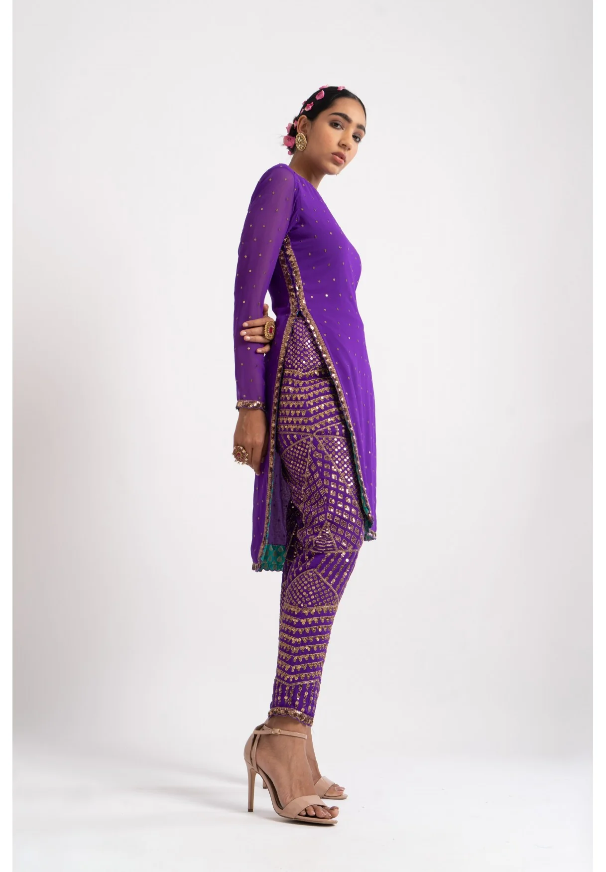 Purple Round Neck Multi Geo Pant Kurta Set - Image 5