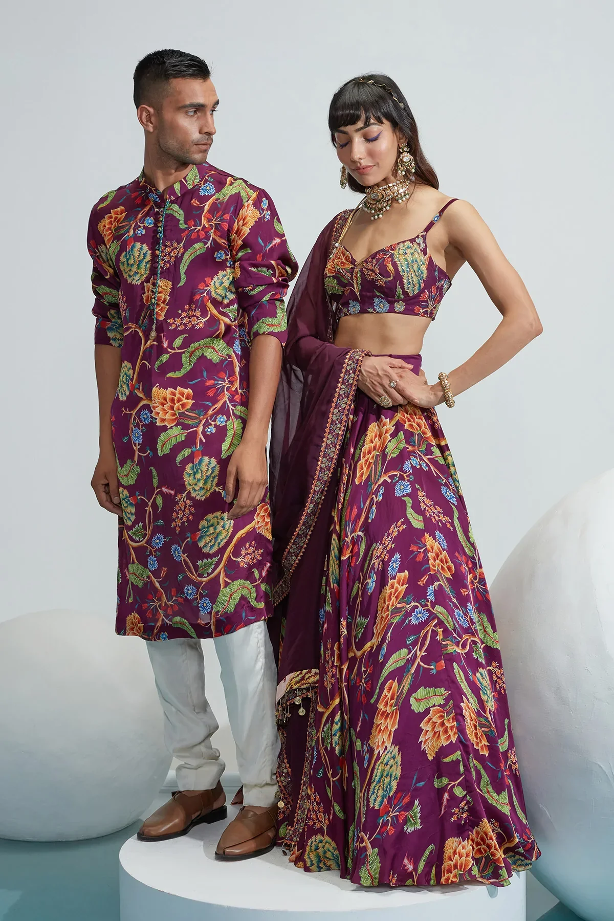 Purple Satin Organza Maha Floral Print Lehenga Set - Image 3