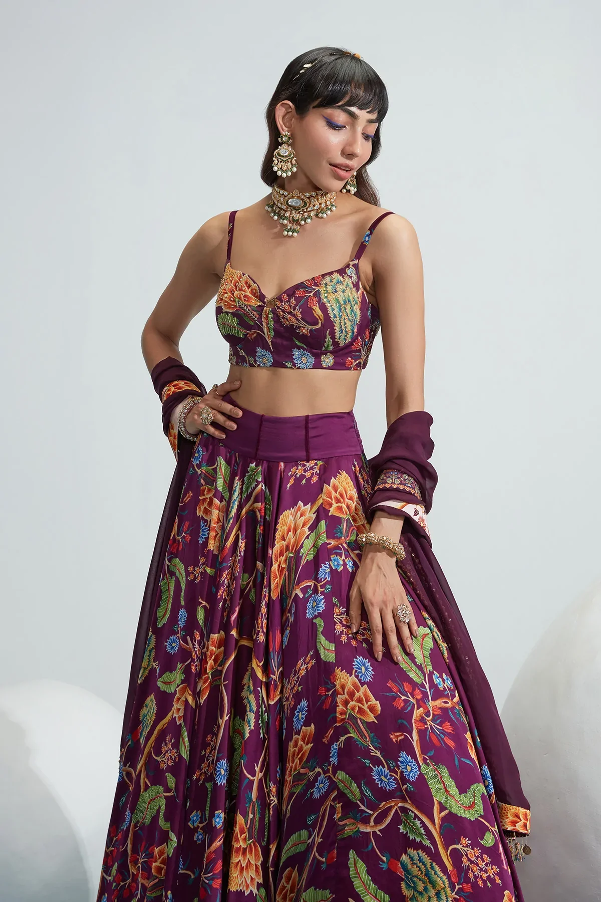 Purple Satin Organza Maha Floral Print Lehenga Set - Image 4