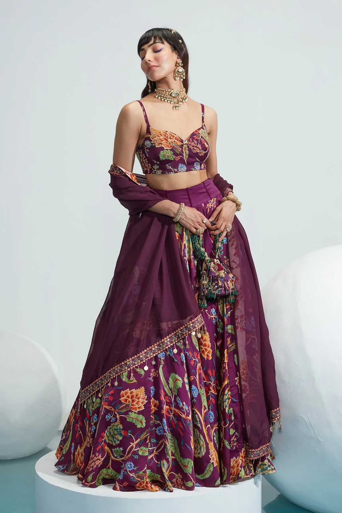Purple Satin Organza Maha Floral Print Lehenga Set - Image 7