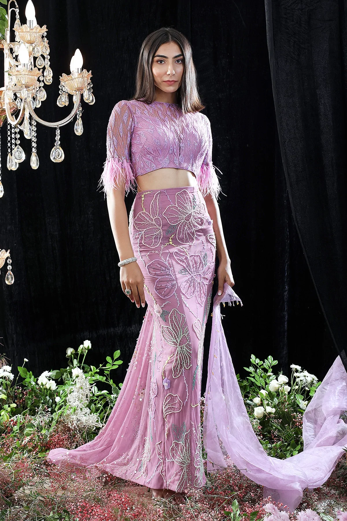 Purple Shantoon Isabella Hand Embroidered Flowing Skirt Set
