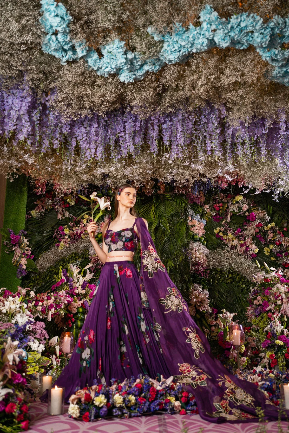 Purple Silk Organza Floral Print Lehenga Set - Image 3
