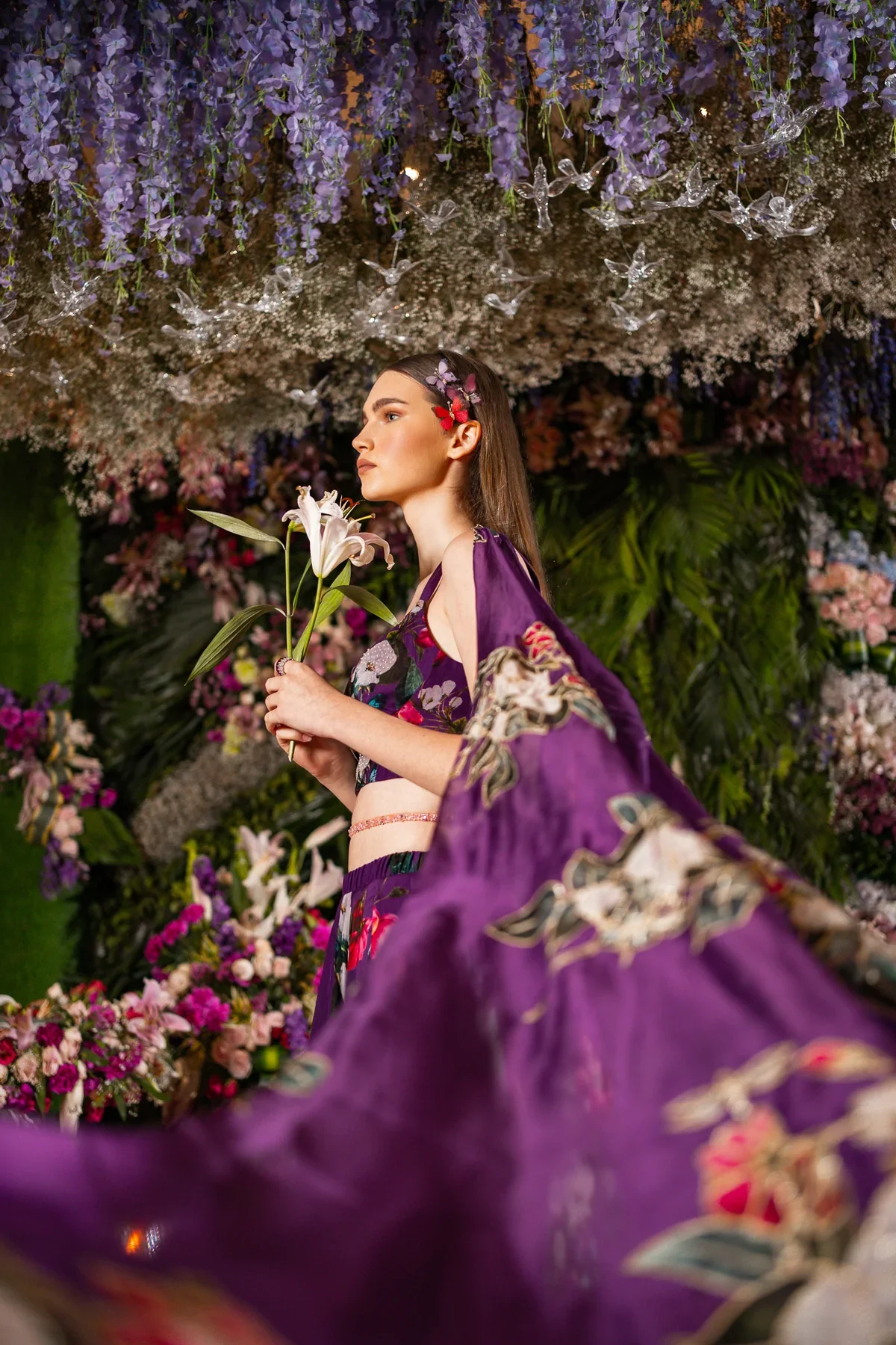 Purple Silk Organza Floral Print Lehenga Set - Image 4