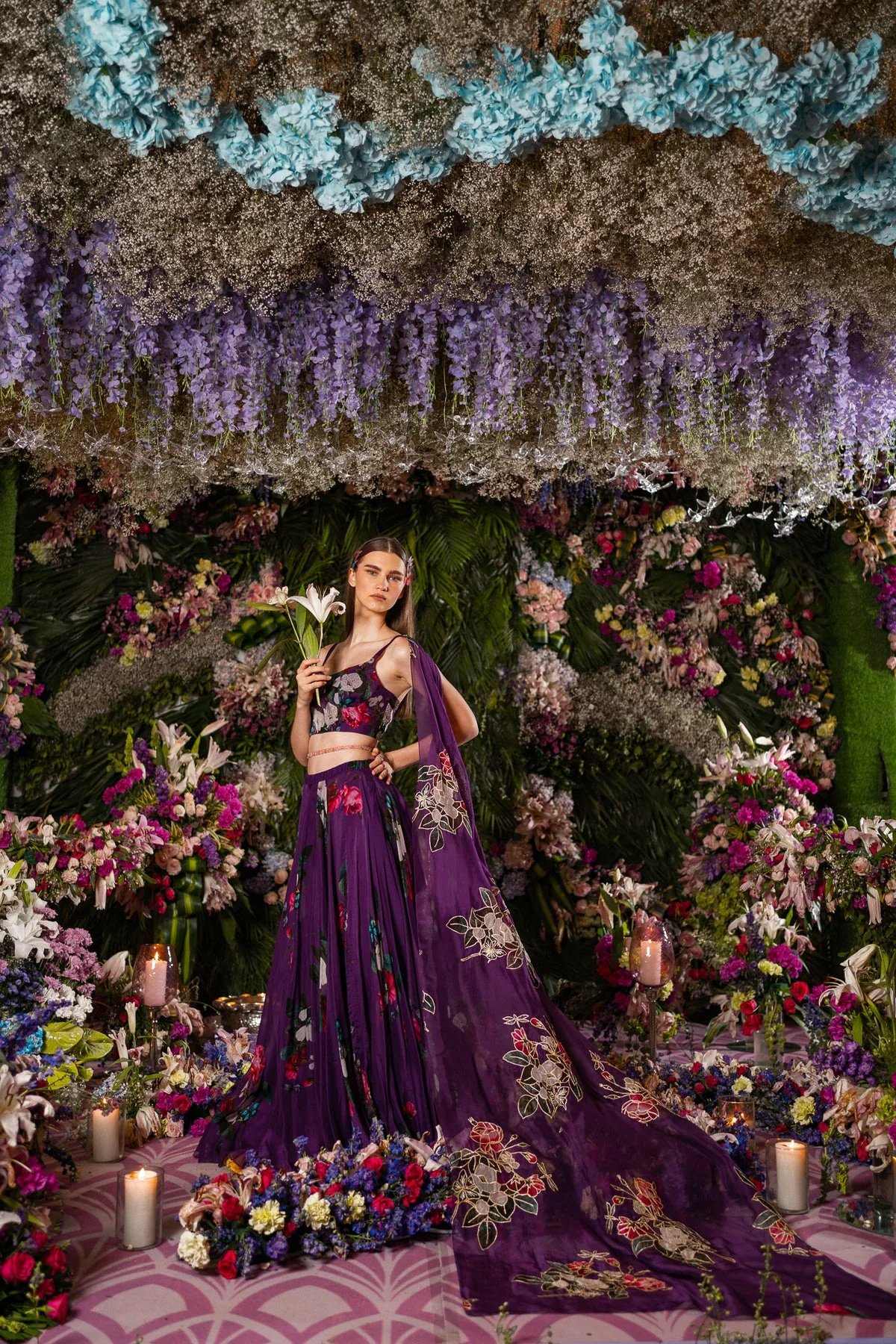 Purple Silk Organza Floral Print Lehenga Set - Image 5