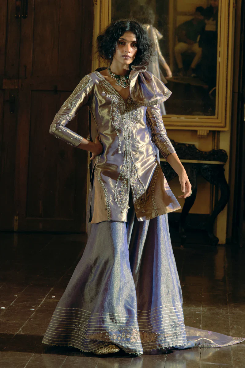 Purple Silk Zari Tissue Kurta and Sharara With Dupatta Set - Image 2