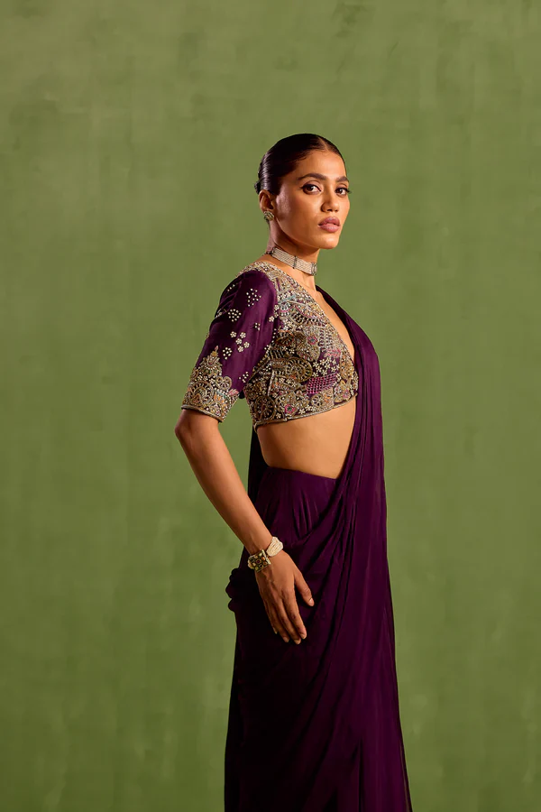 Purple Viscose Chinon Embroidered Blouse Pre-draped Saree With Abstract Hand - Image 5
