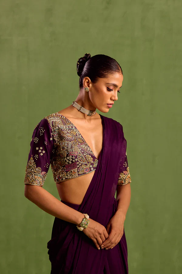 Purple Viscose Chinon Embroidered Blouse Pre-draped Saree With Abstract Hand - Image 8