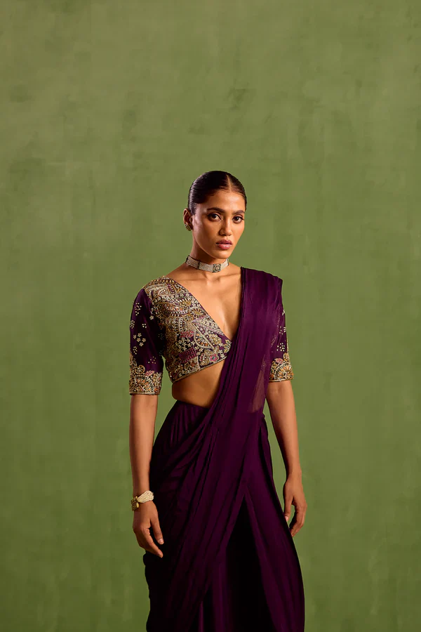 Purple Viscose Chinon Embroidered Blouse Pre-draped Saree With Abstract Hand - Image 9