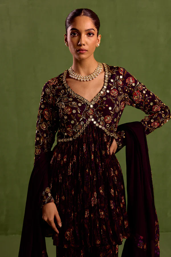 Purple Viscose Chinon Floral Printed Mirrorwork Peplum Kurta Sharara Set - Image 2