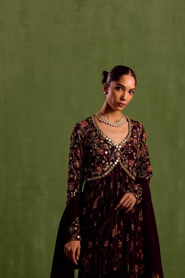 Purple Viscose Chinon Floral Printed Mirrorwork Peplum Kurta Sharara Set - Image 3