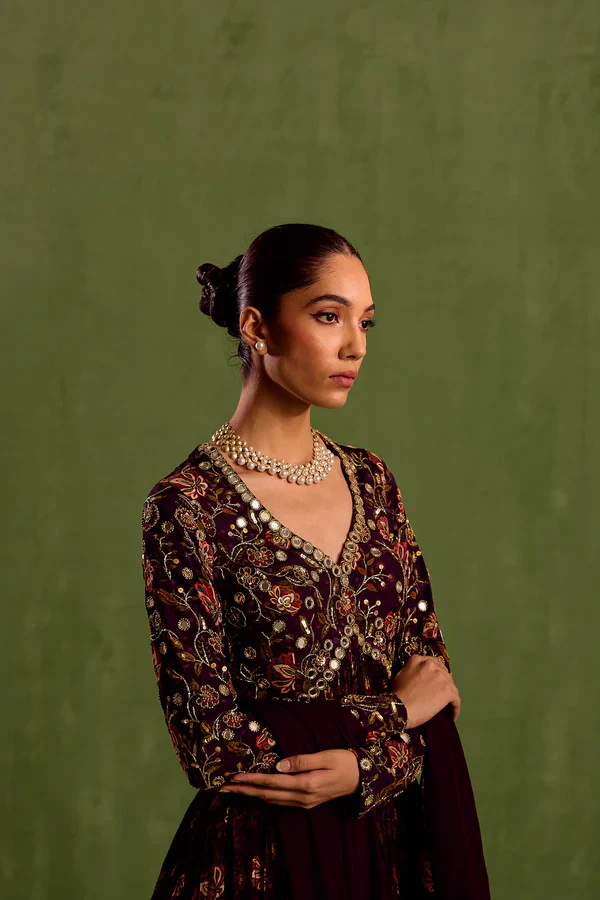 Purple Viscose Chinon Floral Printed Mirrorwork Peplum Kurta Sharara Set - Image 4