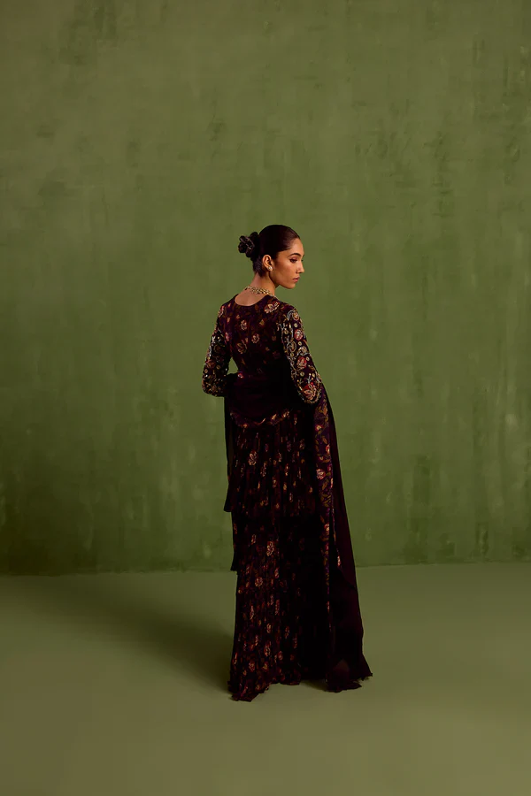 Purple Viscose Chinon Floral Printed Mirrorwork Peplum Kurta Sharara Set - Image 5