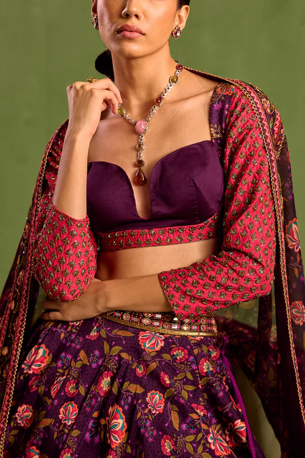 Purple Viscose Raw Silk Print Floral Sweetheart Neck Bloom Lehenga Set - Image 3