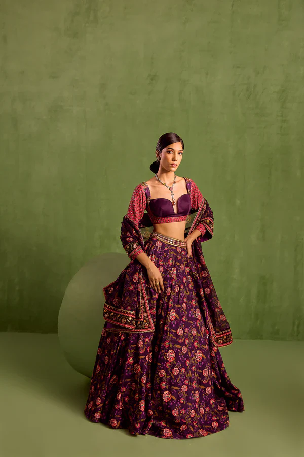 Purple Viscose Raw Silk Print Floral Sweetheart Neck Bloom Lehenga Set - Image 4
