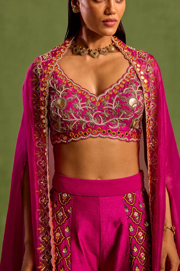 Purple Viscose Raw Silk Print Motif V Neck Hand Embroidered Blouse Sharara Set - Image 2