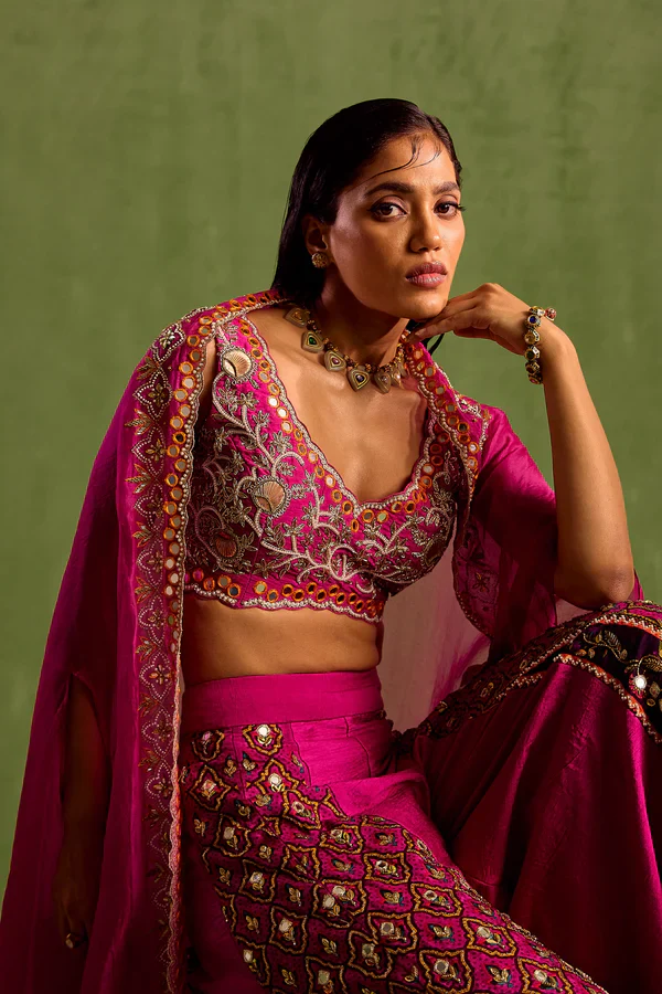 Purple Viscose Raw Silk Print Motif V Neck Hand Embroidered Blouse Sharara Set - Image 3