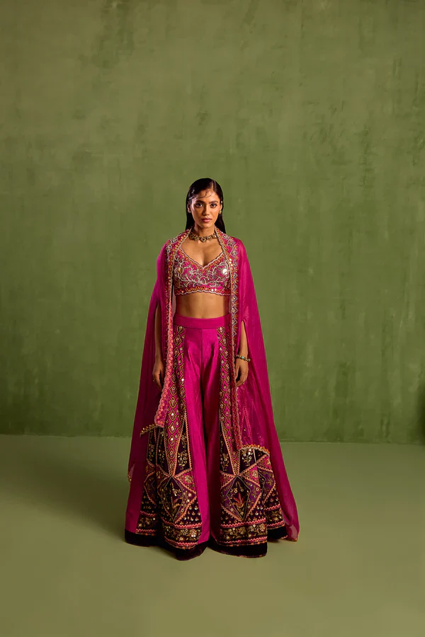 Purple Viscose Raw Silk Print Motif V Neck Hand Embroidered Blouse Sharara Set - Image 4