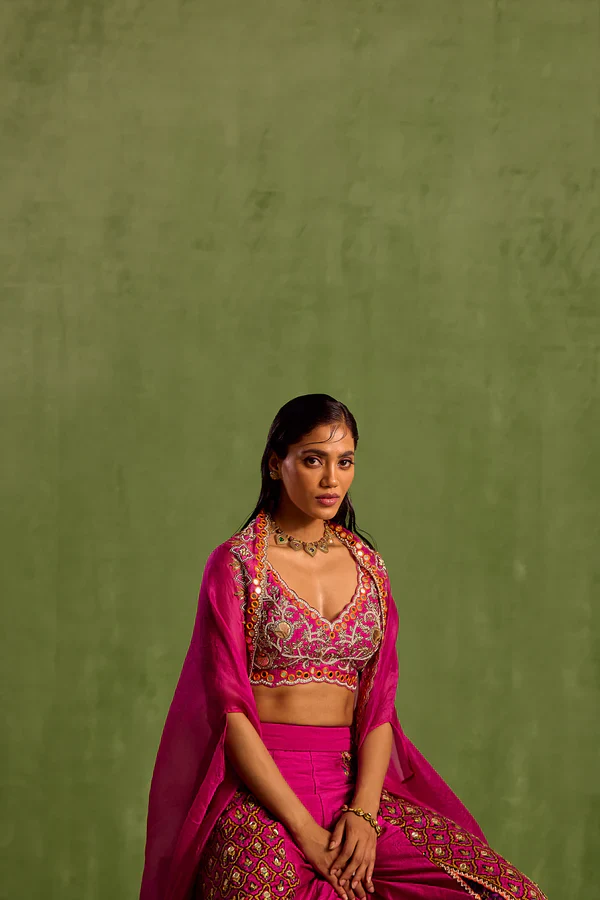 Purple Viscose Raw Silk Print Motif V Neck Hand Embroidered Blouse Sharara Set - Image 5