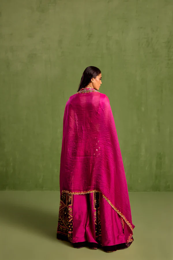 Purple Viscose Raw Silk Print Motif V Neck Hand Embroidered Blouse Sharara Set - Image 6
